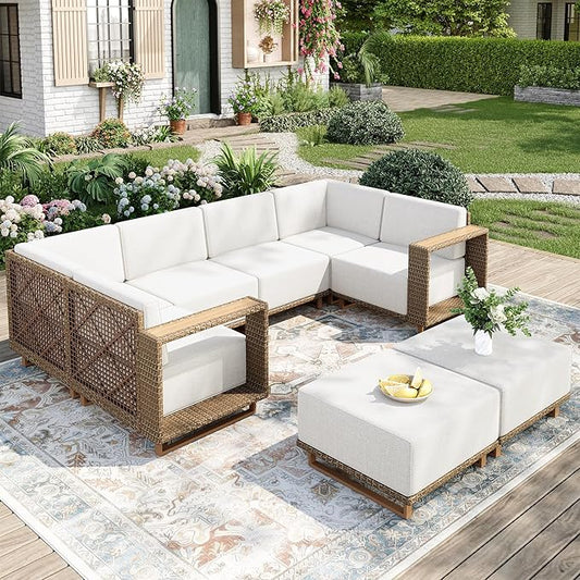 8 Pieces Outdoor Patio Furniture Set, Wicker Rattan Modular Patio Sofa Couch, Sectional Outdoor Conversation Set with 10" Extra Thick Cushions for Deck Backyard Lawn