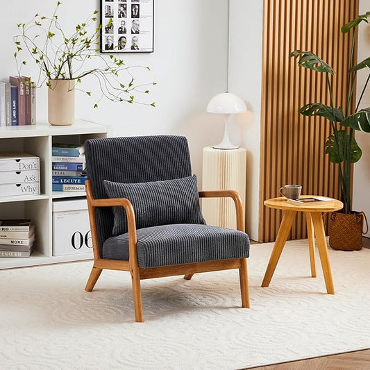 Accent Chairs, Mid-Century Modern Chair with Pillow, Armchair with Solid Wood, Reading Relaxing Leisure Chair for Living Room（Dark Grey）