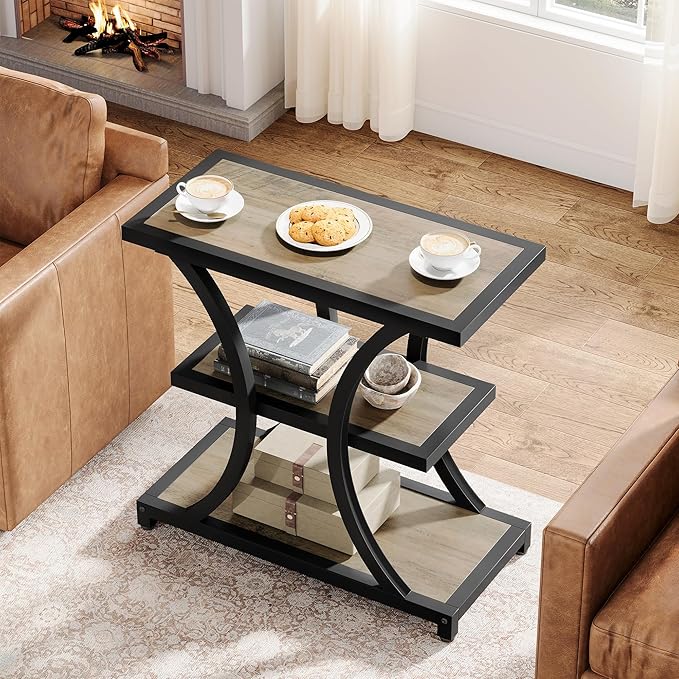 Tribesigns End Table with Storage, 3-Tier Side Table with Geometric Metal Design, Industrial Nightstand for Small Spaces, Living Room, Bedroom, Study Room (1, Grey)