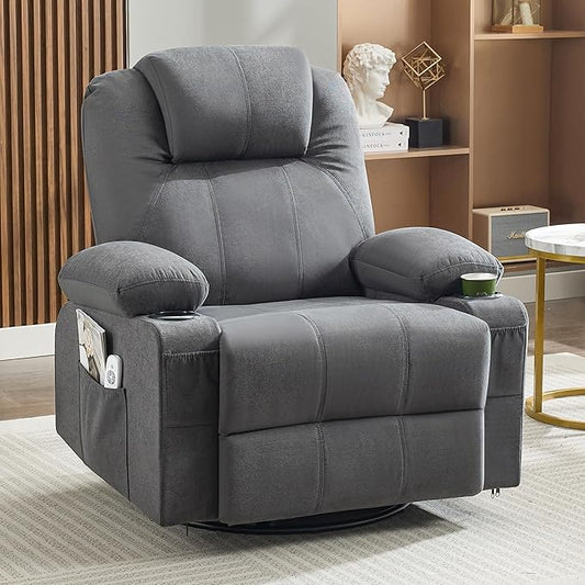 Oversized Swivel Rocker Recliner Chair with Heat and Massage, Large Big Recliner Chair for Living Room, 360 Degree Swivel Rocking Single Sofa with Cup Holders and USB Port(Fabric, Dark Grey)