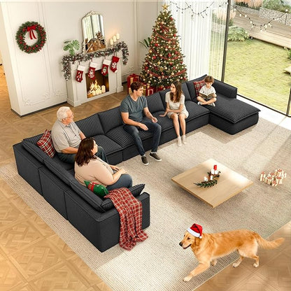 Vesgantti 141.7" Oversized Sectional Boneless Couch, Modern 7 Seater Modular Sofa with Chaise & Ottoman, Deep Seat Plush Corduroy Cloud Couches for Living Room, No Assembly Required, Dark Gray