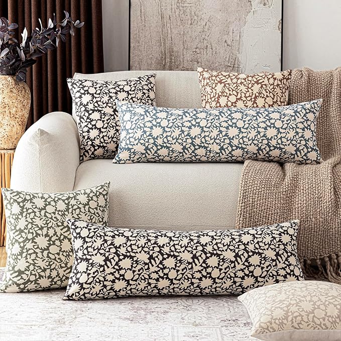 Foindtower Set of 2 Decorative Long Body Lumbar Throw Pillow Covers Accent Farmhouse Cushion Cover Neutral Floral Pillowcase for Couch Sofa Bedroom Living Room Home Decor,14×36 Inch,Dusty Blue
