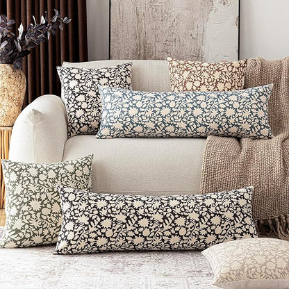 Foindtower Set of 2 Decorative Long Body Lumbar Throw Pillow Covers Accent Farmhouse Cushion Cover Neutral Floral Pillowcase for Couch Sofa Bedroom Living Room Home Decor,14×36 Inch,Dusty Blue