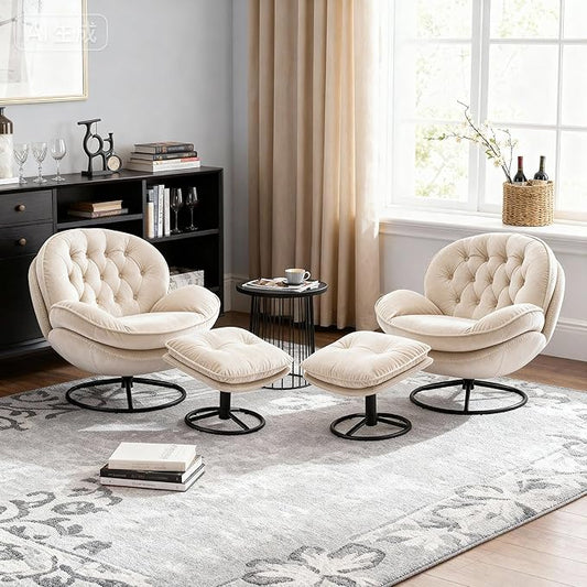 Set of 2 360° Swivel Modern Velvet Accent Chair with Ottoman | Mid-Century Button Tufted Lounge Chair for Living Room & Bedroom, Beige