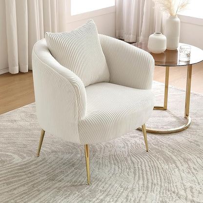 Art Leon Accent Chair Set of 2, Modern Velvet Upholstered Armchairs, Living Room Side Chairs Barrel Chairs with Golden Metal Legs, Off White