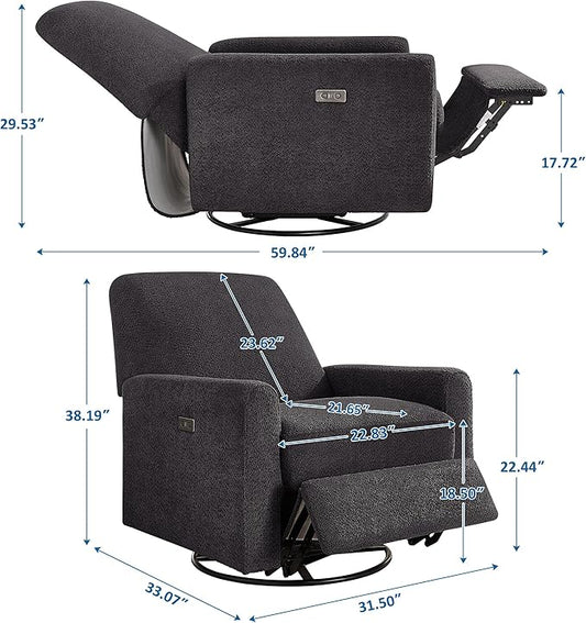 VANOMi Power Swivel Glider Recliner Chair, Electric Nursery Rocker Recliner Chair, USB & Type-C Charger, Charcoal Gray Boucle