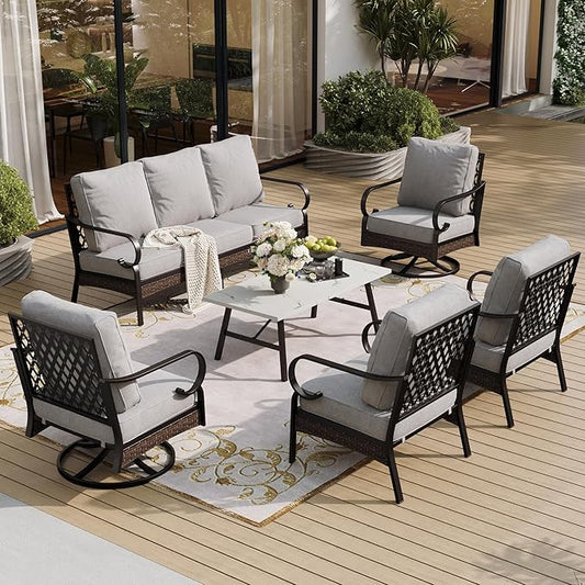6-Piece Metal Outdoor Patio Furniture Set - Black & Light Gray with 1 3-Seater Sofa, 2 Fixed & 2 Swivel Sofas, Coffee Table