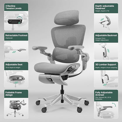HINOMI H2 Pro Premium Ergonomic Office Chair - Comfy Home Office Desk Computer Chair with Adjustable Back Support, Swivel Wheels, Flip-up Arms, Comfortable Mesh Seat for Desk Work (Gray)