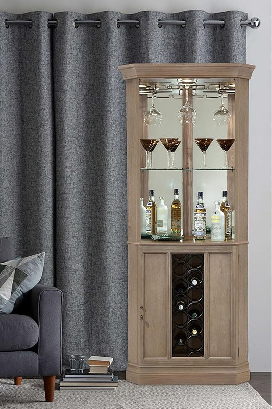 Howard Miller Piedmont VI Corner Bar Cabinet – Wooden Homebar with Rack, Stemware Holder, Adjustable Glass Shelves, Locking Door, Lighted Storage Unit for Living Room or Entertainment Area