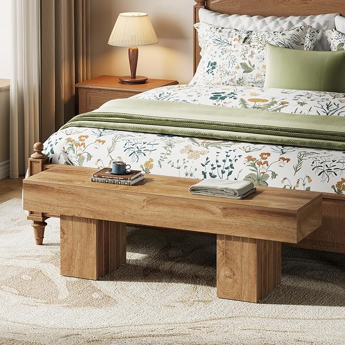 Tribesigns 55" Dining Bench, Farmhouse Wooden Entryway Bench, End of Bed Bench, Indoor Bench for Bedroom, Dining Room, Kitchen, Hallway, Light Brown
