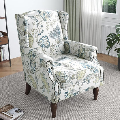 Lumibee High Back Accent Chair Set of 2, Armchair in Fabric,Comfy Upholstered Wingback Single Sofa Reading Chairs with Solid Wood Legs for Living Room,Bedroom,Office-Plants Blue