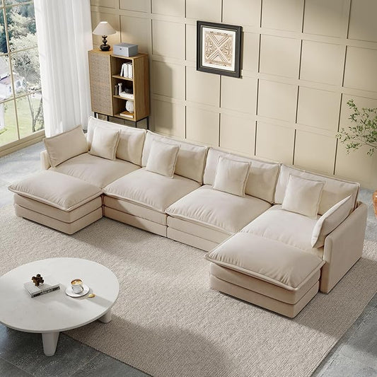 Modular Sectional Sofa, 146.5 Inch U-Shaped Cloud Sofa with Deep Seat Chenille Sofa with Cushions, Four Seater Sectional Sofa for Living Room Apartment,Light Coffee