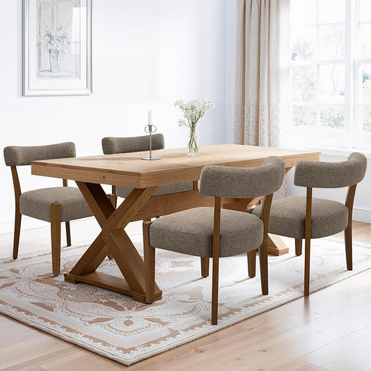 Modern Dining Chairs Set of 4, Walnut Upholstered Kitchen & Dining Room Chairs, Mid Century Wooden Dining Chairs Oversized Sturdy Fabric Rounded Chairs Curved Back, Tan Brown