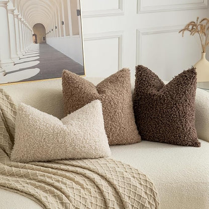 Pack of 2 Curly Teddy Wool Faux Fur Throw Pillow Covers Fuzzy Accent Soft Sherpa Pillowcases Sheepskin Fleece Decorative Cushion Case for Sofa Couch Living Room 26x26 Inch Black