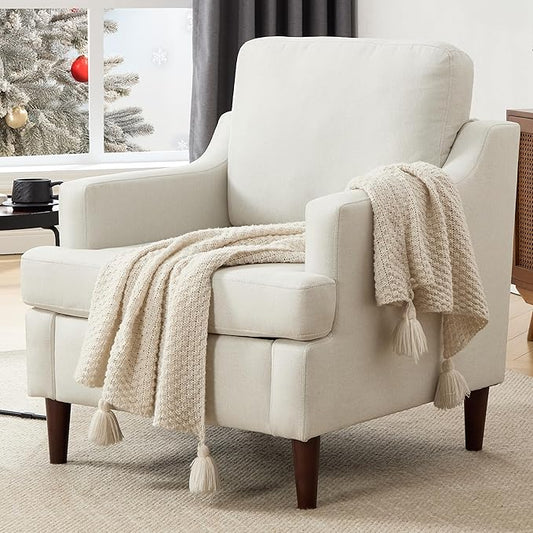 Mid-Century Accent Chair Modern Linen Fabric Armchair for Living Room,Comfy Upholstered Reading Chairs for Bedroom,Single Sofa Chair with Wood Legs (Linen Beige, Set of 1)