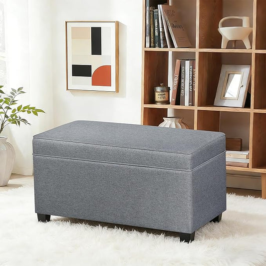 Adeco 31 Inches Storage Ottoman Bench, Non-Folding End of Bed Foot Rest Stools Ottoman with Thicker Foam Padded Seat, Upholstered Storage Chest for Living Room, Entryway, Bedroom