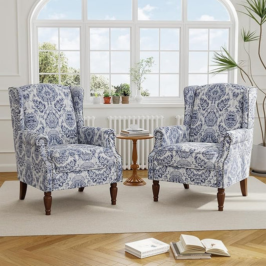 Accent Chair Set of 2, Upholstered High Back Floral Armchair with Nailhead Trim & Wood Legs, Comfy Wingback Reading Single Sofa Chair for Small Spaces, Living Room, Bedroom-Navy Blue Floral