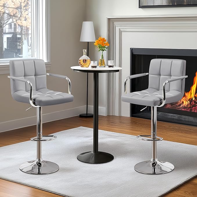 Yaheetech Bar Stools Set of 2, PU Leather Adjustable Swivel Barstools, Hydraulic Kitchen Counter Height Bar Chairs with Armrest and Back for Kitchen, Dining Room, Light Grey