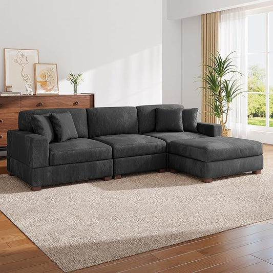 Modular Sectional Couches for Living Room, 118" Modern Upholstered Sofa Couche with Ottoman for Living Room Bedroom, Grey