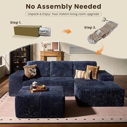 114" Glitter Cloud Sectional Couch with L-Shape Chaise & Ottoman, Modern Boneless Couches for Living Room, Fluffy Tufted Deep Seat Modular Sofa No Assembly (Blue Sparkly Velvet,Right Facing)