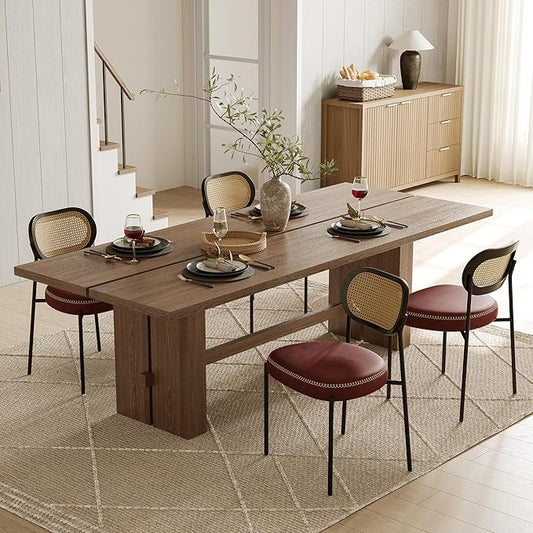 Rattan Dining Chairs Set of 4, Wine Leather Upholstered Dining Chairs with Rattan Cane Back, Mid Century Modern Dining Room Chairs with Black Metal Legs & D-Shaped Thicken Cushion, Wine