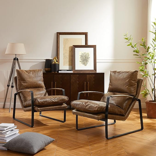 Art Leon Set of 2 Genuine Leather Accent Chairs for Living Room, Mid Century Modern Lounge Chair Living Room Sofa Chair with Black Metal Frame, Brown