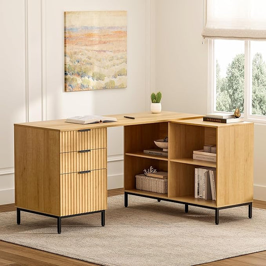 Fluted Executive Desk with Storage Cabinet, 60" Modern Flexible Home Office Desk, Large Wood Convertible Computer Standing Up Desk with File Drawer, L Shaped Writing Desk Natural Oak