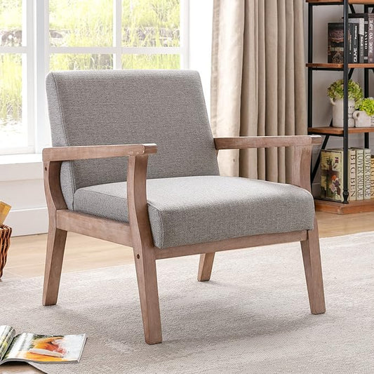 Mid Century Modern Accent Chair, Linen Upholstered Living Room Accent Armchair with Wood Frame, Farmhouse Chair for Living Room Bedroom, Gray