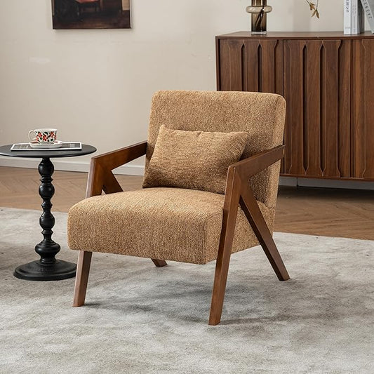 Mid Century Modern Accent Chair with Solid Wood Frame，Upholstered Chenille Living Room Arm Chairs with Pillow for Bedroom, Living Room, Reading Room, Balcony (1, Yellow)