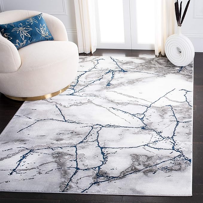 SAFAVIEH Craft Collection Area Rug - 5'3" Square, Ivory Grey & Blue, Modern Abstract Design, Non-Shedding & Easy Care, Ideal for High Traffic Areas in Living Room, Bedroom (CFT877M)