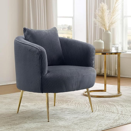 Art Leon Velvet Accent Chair, Upholstered Modern Single Sofa Chair, Comfy Barrel Chair with Golden Metal Legs for Living Room Bedroom, Gray