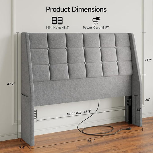 Full Size Headboard with Charging Station, Ergonomic Upholstered Linen Headboards Only, Wingback Wood Bed Head Board with Storage Pocket, Bed Frame Adapters, Light Grey