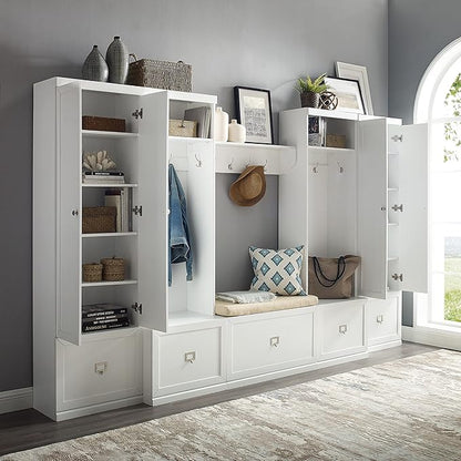 Crosley Furniture Harper 6-Piece Hall Tree, Storage Cabinet, Shoe Rack Bench, and Wall Shelf Set with Hooks, White