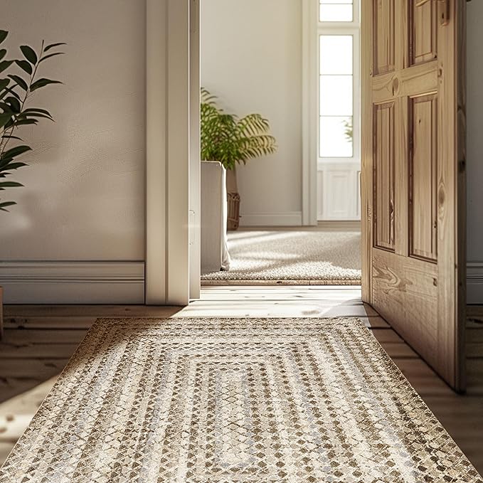 nuLOOM Carley Machine Washable Geometric Area Rug - 6 Round Machine Washable Area Rug Farmhouse Beige/Ivory Rugs for Living Room Bedroom Dining Room Kitchen