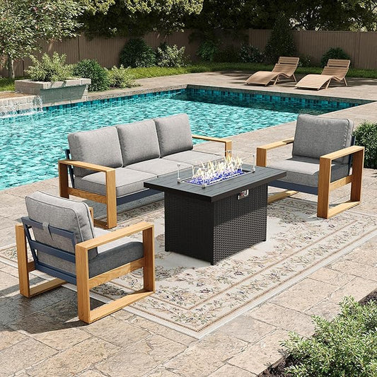 LayinSun 4 Pieces Aluminum Patio Furniture Set with Fire Pit Table, Oversized Seat with Hight Back, Outdoor Conversation Sets for Porch, Balcony, Deck