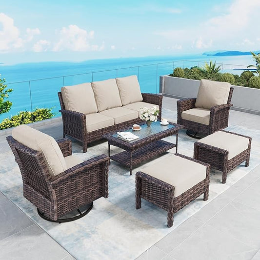 6 Piece Patio Furniture Set with Swivel Chairs, High Back Wicker Rattan Sofa with Extra Thick Cushion, Coffee Table and Ottoman, Outdoor Conversation Set for Backyard Deck,Beige