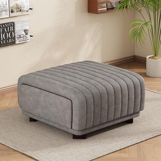 Christopher Knight Home Reyno Upholstered Ottoman with Storage for Living Room, Faux Leather Storage Ottoman Foot Rest with Side Drawers, Modern Square Coffee Table with Wooden Frame, Grey