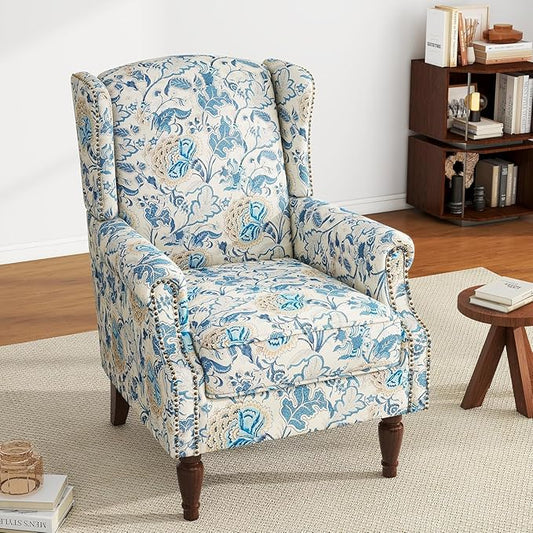 UIXE High Back Floral Accent Chair, Fabric Upholstered Armchair Wingback Arm Chair for Living Room, Nailhead Trim Single Sofa Bedroom Side Reading Seat with Retro Solid Wood Legs - Boho Blue