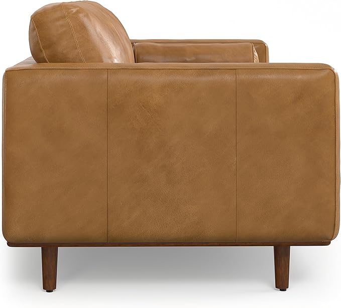 SIMPLIHOME Morrison 89-inch Wide Sofa in Sienna Top Grain Genuine Leather, Mid-Century Modern Design Couch for Living Room, Single Bench Cushion, 2 Back Cushions, 2 Bolster Pillows