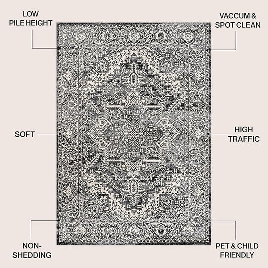 JONATHAN Y Vintage Medallion Indoor Area Rug Black 3X5, Modern Boho for Living Room, Bedroom, Kitchen, Office, Easy-Cleaning, High Traffic, Pet-Friendly, Non-Shedding MDP100D-3