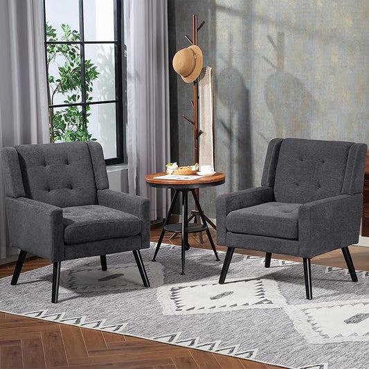 Mid-Century Modern Accent Chair Set of 2, Plush Linen Fabric with Button Tufted High Back & 5" Thick Cushion, High Comfort Reading Chair for Living Room, Bedroom, Office (Dark Gray)