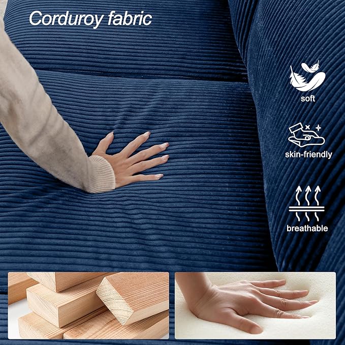 Sofa Set for Living Room Corduroy Couch Sets 3 Seater and Single Chair, Sofas for Apartment and Small Spaces (Blue, Sofa Set)