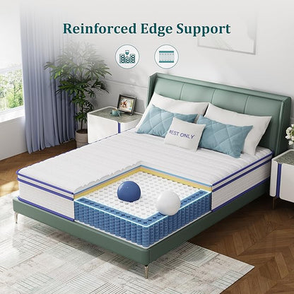 Queen Mattress 10 Inch, Rest Only Queen Mattress in a Box, Memory Foam & Individually Wrapped Coils Pocket Spring for Motion Isolation and Pressure Relief, Medium Firm
