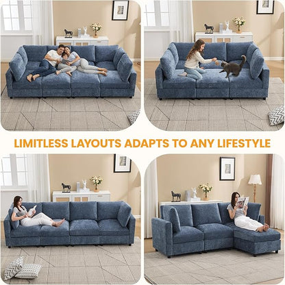 4-Seater Modular Sectional Cloud Sofa, Straight-Line Couches for Living Room, Modern Upholstered Deep Seat Sofa, Chenille Blue
