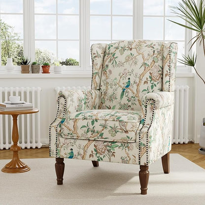 Accent Chair, Upholstered High Back Floral Armchair with Nailhead Trim & Wood Legs, Comfy Wingback Reading Single Sofa Chair for Small Spaces, Living Room, Bedroom