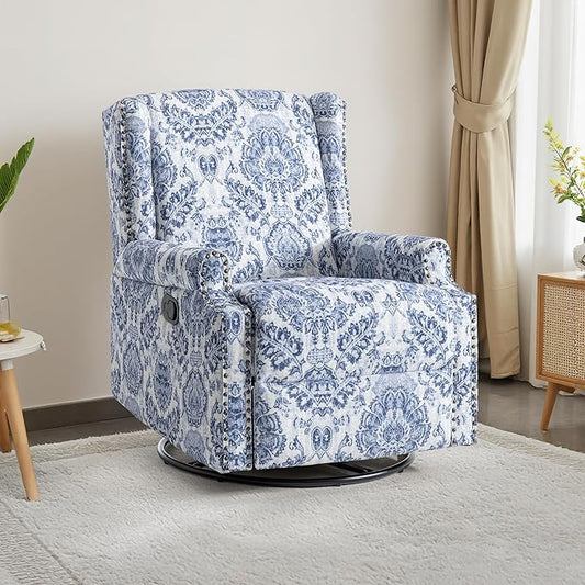 UIXE Swivel Rocker Manual Recliner Chair, Wingback Swivel Glider Fabric Nursery Reclining Sofa Chair, High Back Upholstered Arm Chair for Living Room Bedroom - Navy Floral