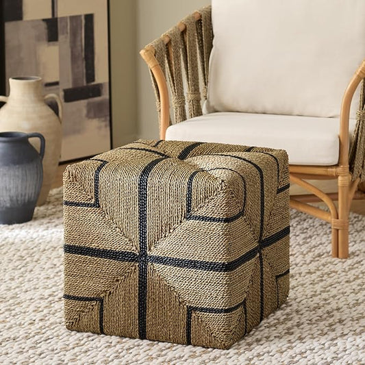 SAFAVIEH Couture Collection - Liatasha Natural & Black Woven Seagrass Square Ottoman, Fully Assembled (CWK2023A)