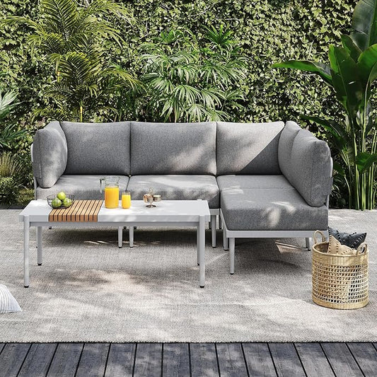 Sundale Outdoor 5 Pieces Metal Patio Furniture Set, Outdoor Sectional Sofa w/6 Inch Olefin Cushion and Coffee Table, Modern Outdoor Conversation Sets (4 Seats, White Frame)