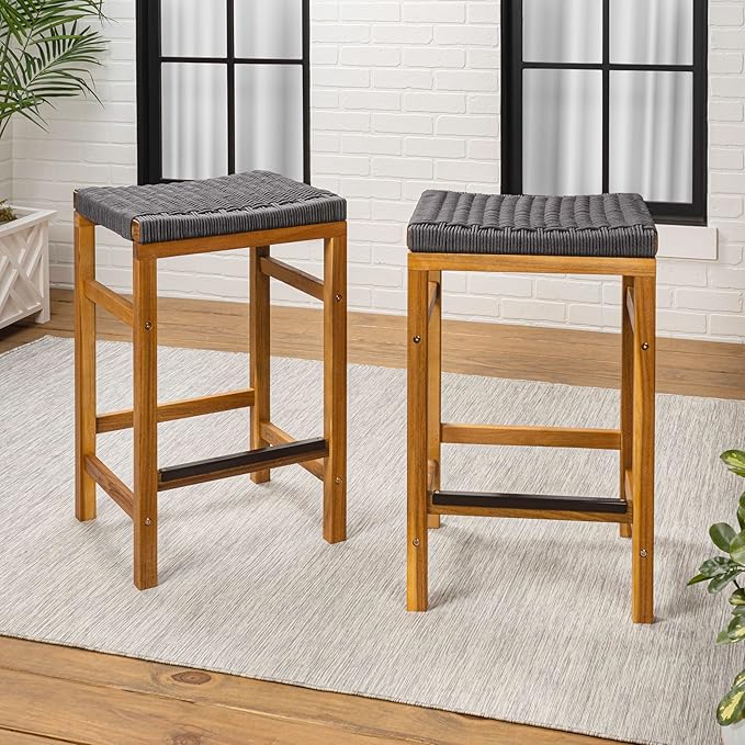 JONATHAN Y CSL1201B-SET2 Armand 25.6" Modern Coastal Backless Acacia Wood Outdoor Counter Stool with Woven Rope Seat, for Pool, Deck, Poolside, Light Teak/Grey (Set of 2)