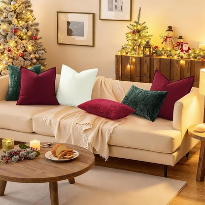 decorUhome Christmas Red Chenille Throw Pillow Covers 12x20 Set of 2 Thick Textured Slubby Couch Pillow Covers Farmhouse Accent Modern Neutral Decorative Pillow Cases for Bed Sofa Living Room